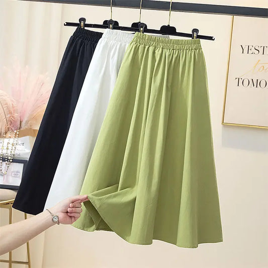 Women 2024 Spring Summer New High Waist Casual A-line Skirts Female Long Pleated Fashion Ladies Loose Solid Color Skirt O687