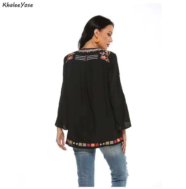 Women KHALEE YOSE Black Boho Embroidery Blouses Shirt Women Autumn Spring Mexican Shirt Long Sleeve Hollow Out 23xl Ethnic Chic Shirt