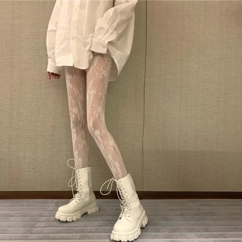 Women Black White Hollowed Lace Mesh Stockings Bottomed Pantyhose Japanese Goth Floral Rattan Stocking Hot Classic Tights