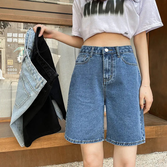 Women High Waisted Vintage Blue Wide Leg Denim Loose Short for Women Y2k fashion Casual Straight Female Summer Jeans Shorts Black