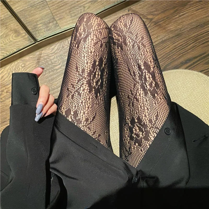 Women Black White Hollowed Lace Mesh Stockings Bottomed Pantyhose Japanese Goth Floral Rattan Stocking Hot Classic Tights