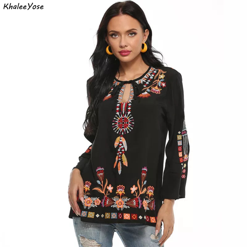 Women KHALEE YOSE Black Boho Embroidery Blouses Shirt Women Autumn Spring Mexican Shirt Long Sleeve Hollow Out 23xl Ethnic Chic Shirt