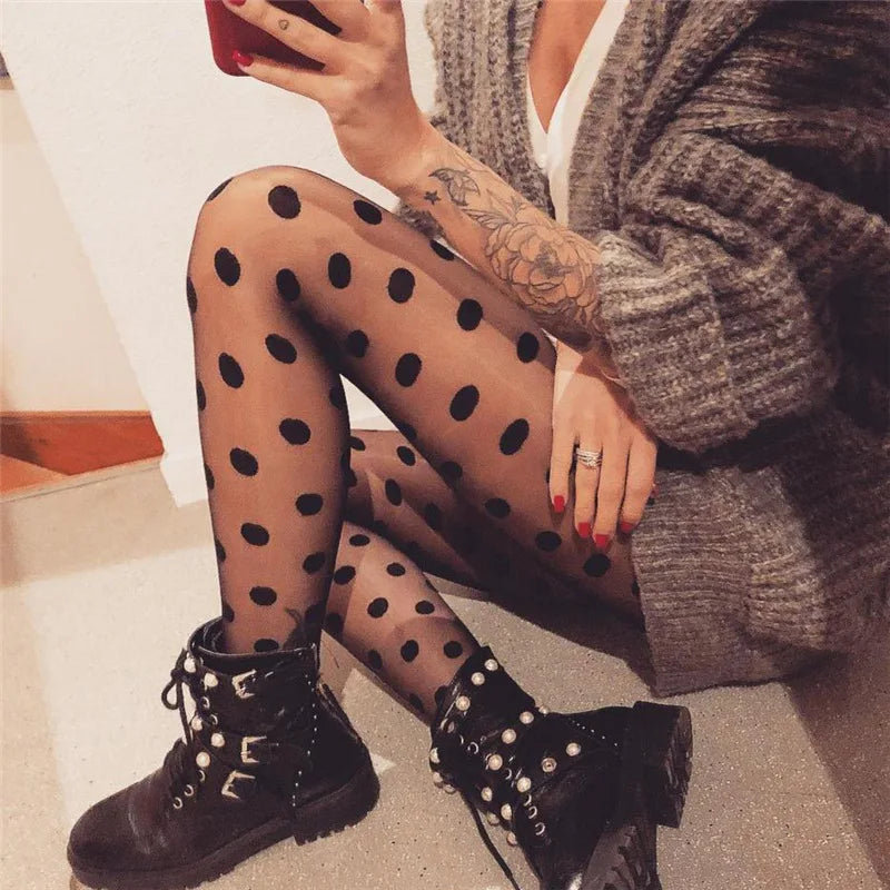 Frauen Polka Dot Print Strumpf Frauen Sexy Strumpfhosen Fishnet Mesh Nahtlose Strumpfhosen Nylon Schwarz Weiß Nachtclub Weibliche Damen Seide Strumpfhosen