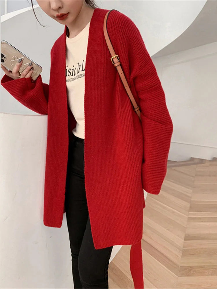 Frauen Belted Big Size Stricken Strickjacke Pullover Lose Fit V-ausschnitt Langarm Frauen Neue Mode Flut Herbst Winter 2024 1DE2914