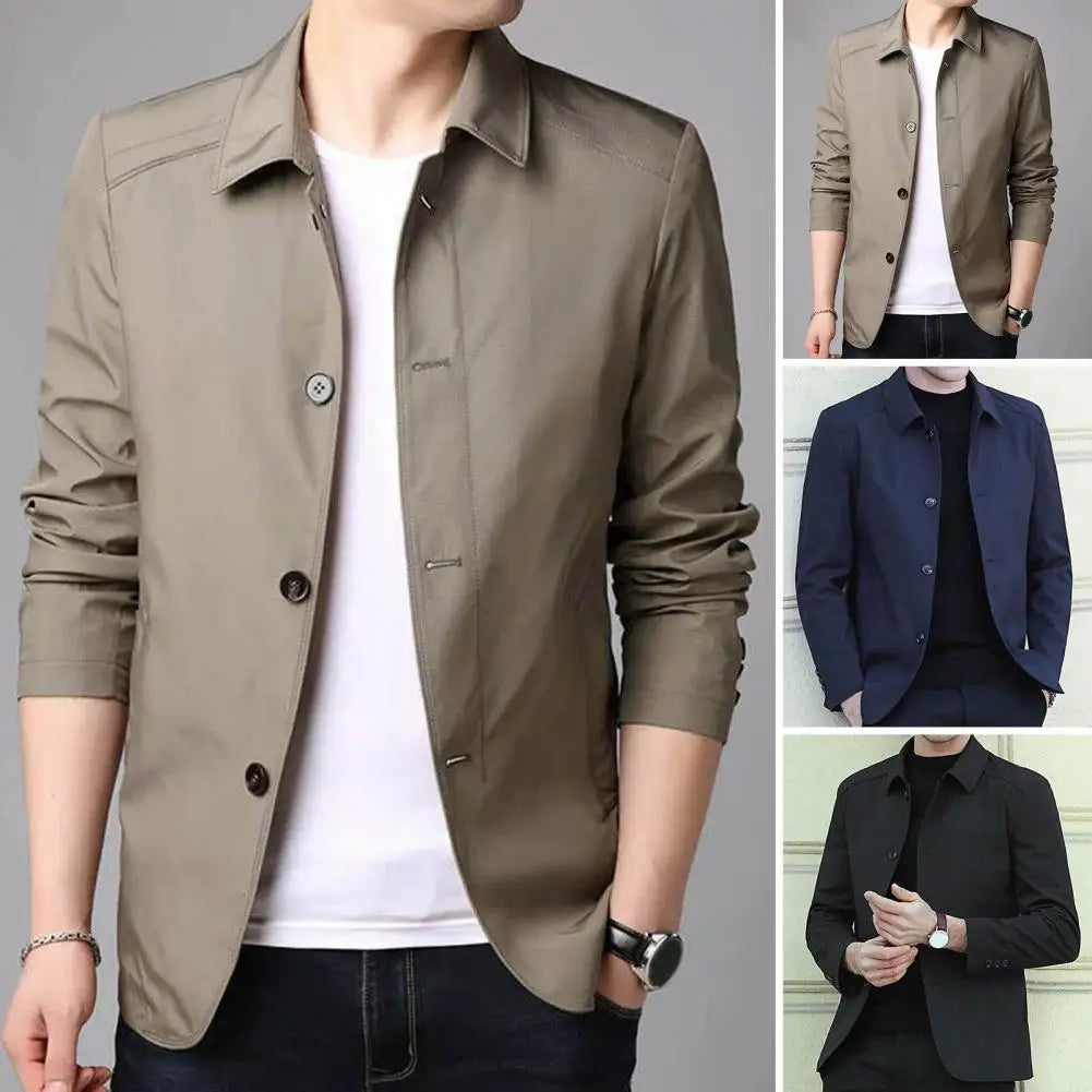 Men Coat Turn-down Collar Long Sleeve Coat Single-breasted Cardigan Smooth Formal Business Style Men Jacket