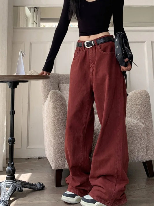 Women HOUZHOU Y2K Red Baggy Jeans Women Oversize Denim Pants Acubi Fashion Loose High Waist Wide Leg Trousers Harajuku Streetwear