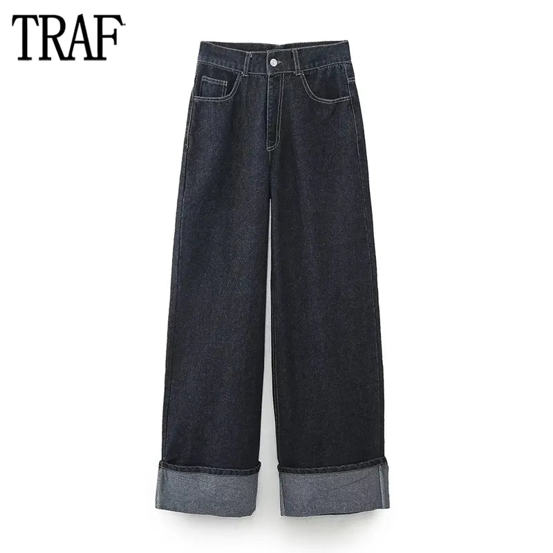 Women TRAF 2024 Denim Jeans Cargo Wide Leg Jeans High Waist Baggy Pants