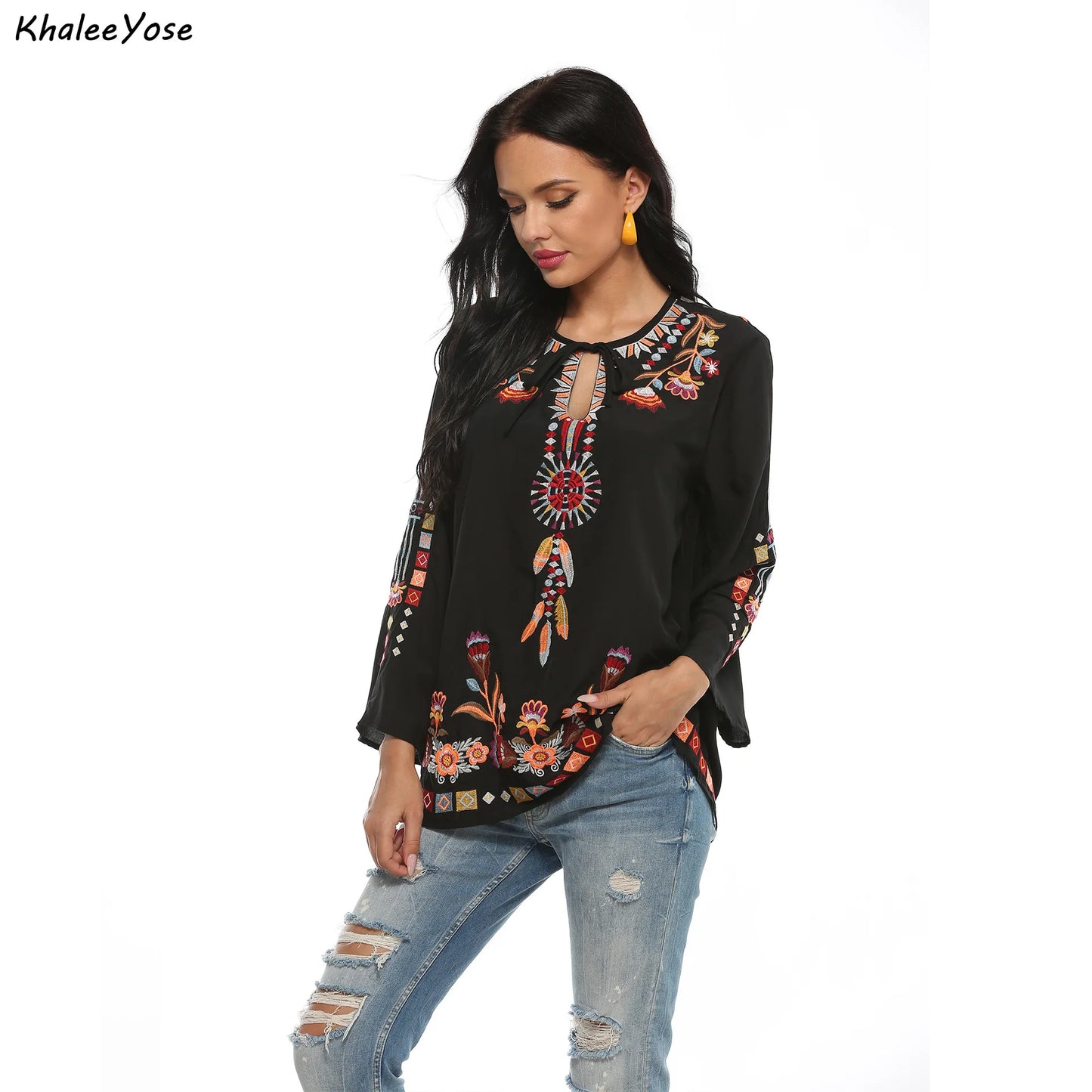 Women KHALEE YOSE Black Boho Embroidery Blouses Shirt Women Autumn Spring Mexican Shirt Long Sleeve Hollow Out 23xl Ethnic Chic Shirt