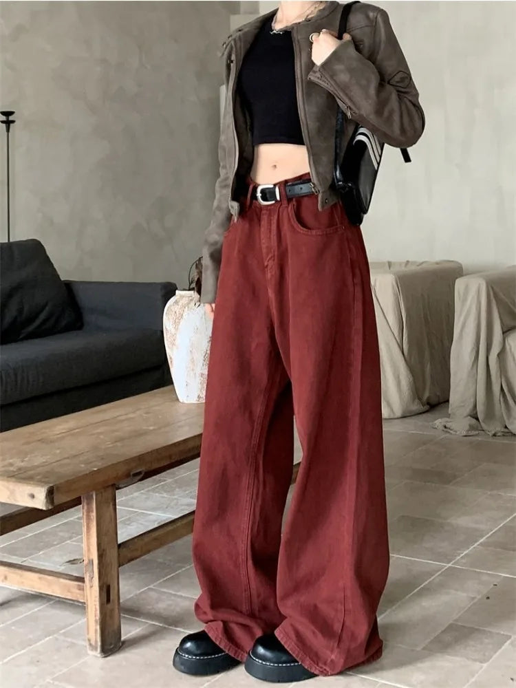 Frauen HOUZHOU Y2K Rot Baggy Jeans Frauen Oversize Denim Hosen Acubi Mode Lose Hohe Taille Breite Bein Hosen Harajuku Streetwear