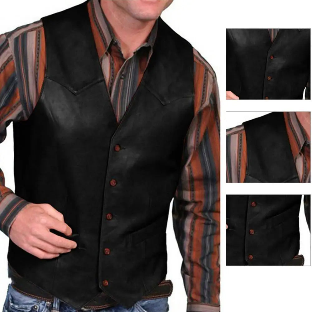 Men's Leather Vest V Neck Single-breasted Western Sleeveless Men Waistcoat Motorcycle Biker Leather Jacket Club Chopper Vest