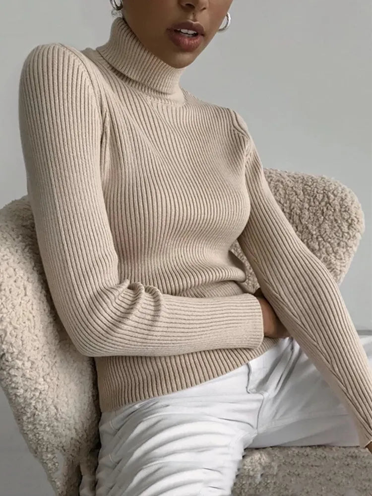 Women Pullover 2024 Basic Turtleneck Women Sweaters Pullover Slim Tops Ribbed Knitted Sweater Jumper Soft Pull Female