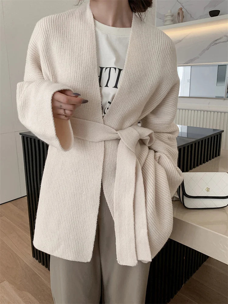 [EAM] ceinture grande taille tricot Cardigan pull coupe ample col en v à manches longues femmes nouvelle mode marée automne hiver 2024 1DE2914