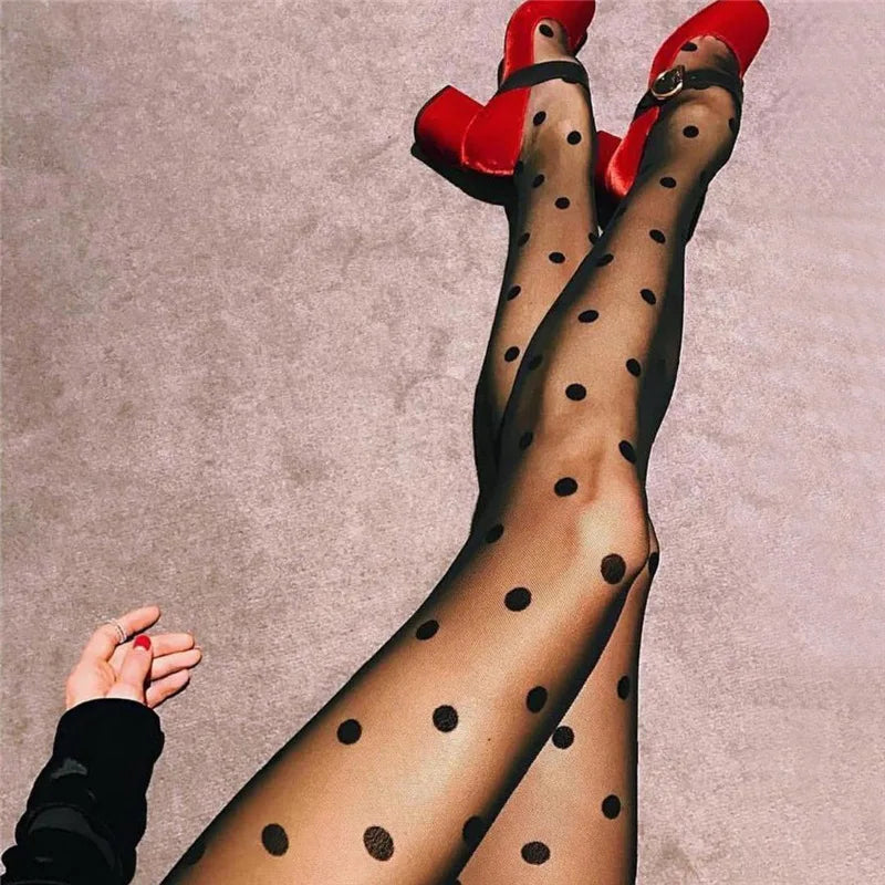 Frauen Polka Dot Print Strumpf Frauen Sexy Strumpfhosen Fishnet Mesh Nahtlose Strumpfhosen Nylon Schwarz Weiß Nachtclub Weibliche Damen Seide Strumpfhosen