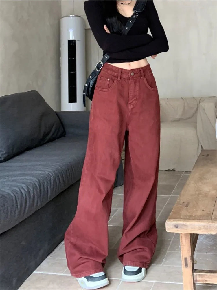 HOUZHOU – jean Baggy rouge Y2K pour femme, pantalon en Denim surdimensionné, mode Acubi, ample, taille haute, jambes larges, Streetwear Harajuku