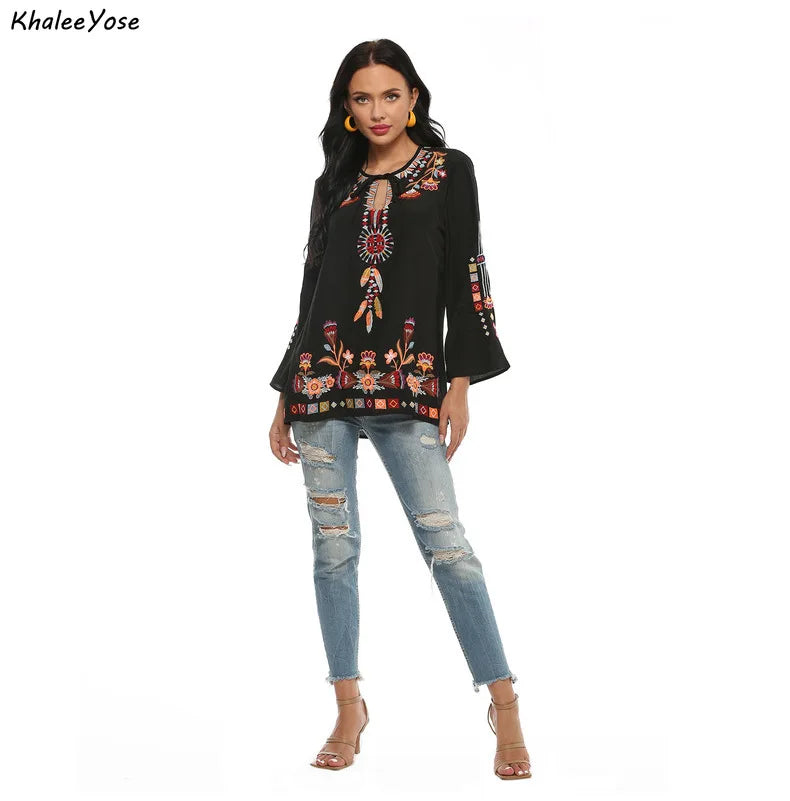 Women KHALEE YOSE Black Boho Embroidery Blouses Shirt Women Autumn Spring Mexican Shirt Long Sleeve Hollow Out 23xl Ethnic Chic Shirt