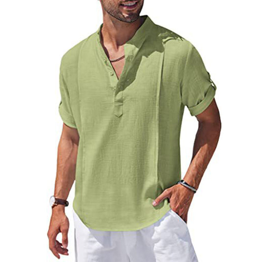 Men's Henley Style Leinen Hemd lässig locker Strand Hemd Kurzarm