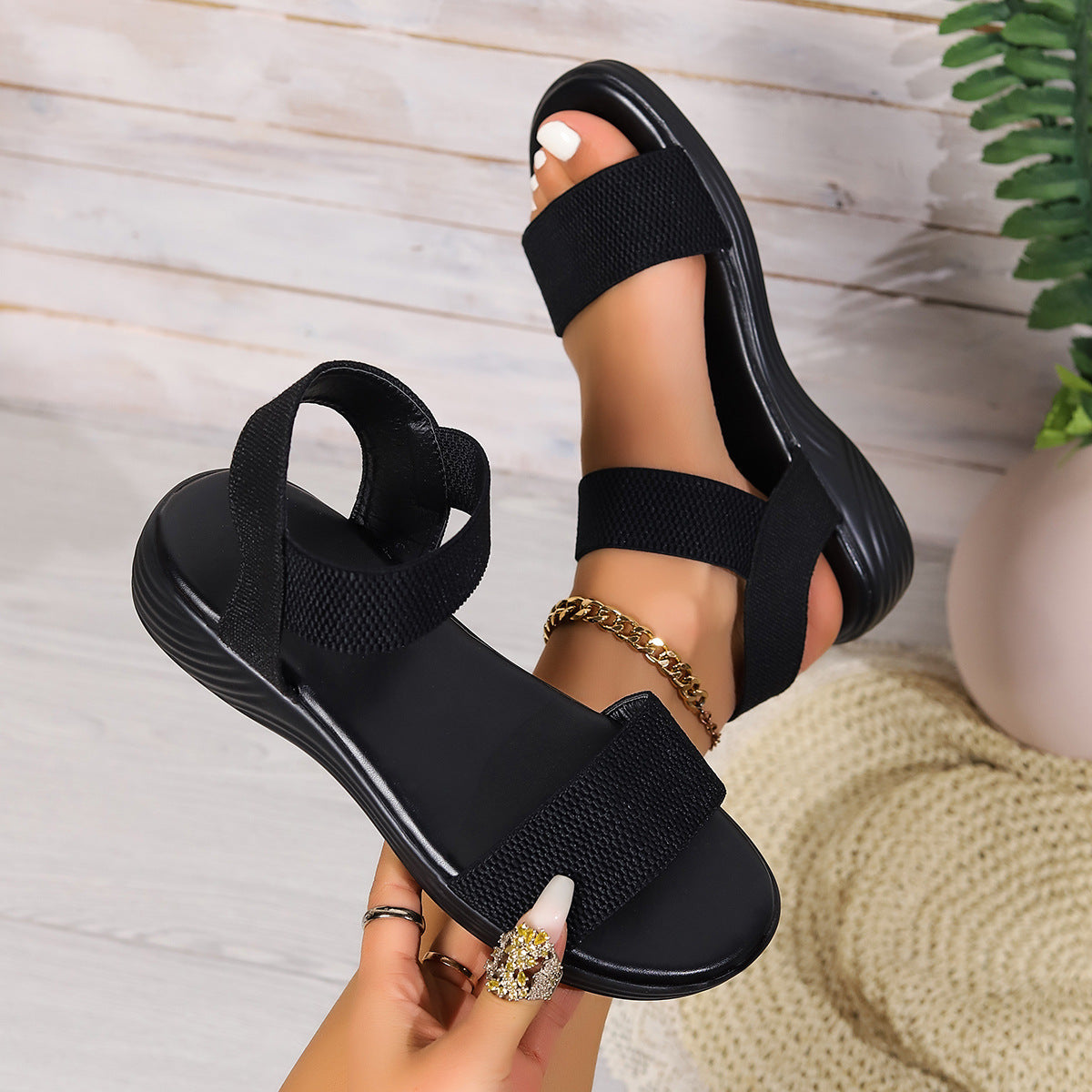 Women Fashion Color-Block Elastic Sandals Summer Fashion Fish Mouth Flat Shoes