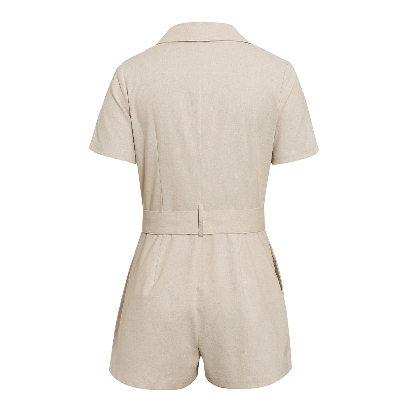 Women's Casual Style Button Short-sleeved One-piece Suit With Collar And Belt Short Jumpsuit