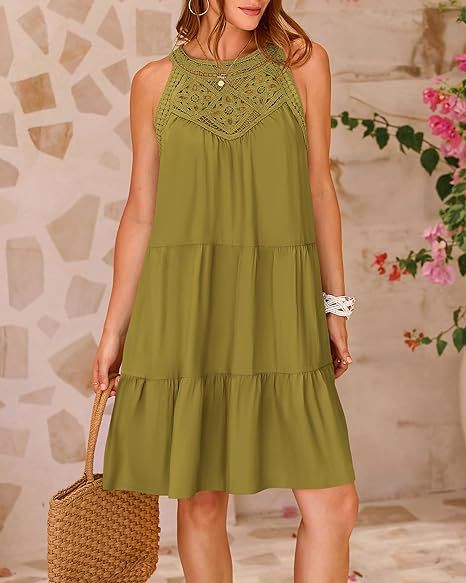 Women Summer A-Line Dress with Floral hollow lace design, Casual loose Vacation Beach Dress