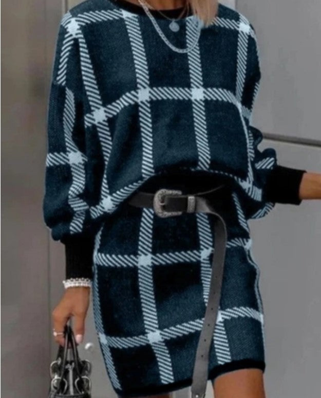 Women Large Plaid Pullover Long Sleeve Woolen Skirt Suit Two-piece Set