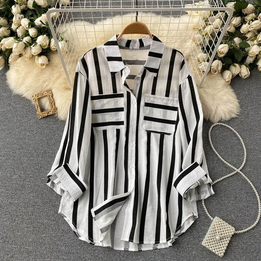 Women's Mid-length Vertical Stripes Multi-color Shirt Coat Casual Loose Top