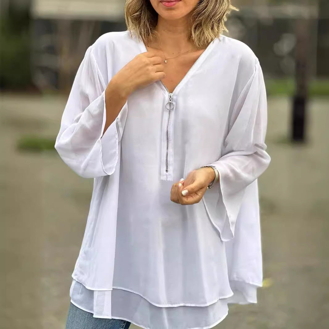 Women's V-neck 34 Sleeves Casual Chiffon Top Metal Loose Zip