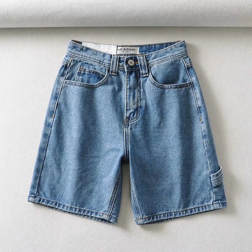 Herren-Jeansshorts mit hoher Taille und Taschen-Jeansshorts, die die Beine als Arbeitskleidung lang erscheinen lassen