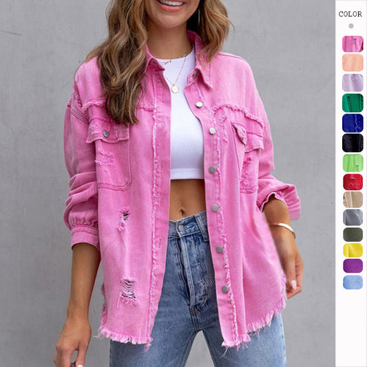 Womens Clothing Fashion Ripped Shirt Jacket Female Autumn And Spring Casual Tops