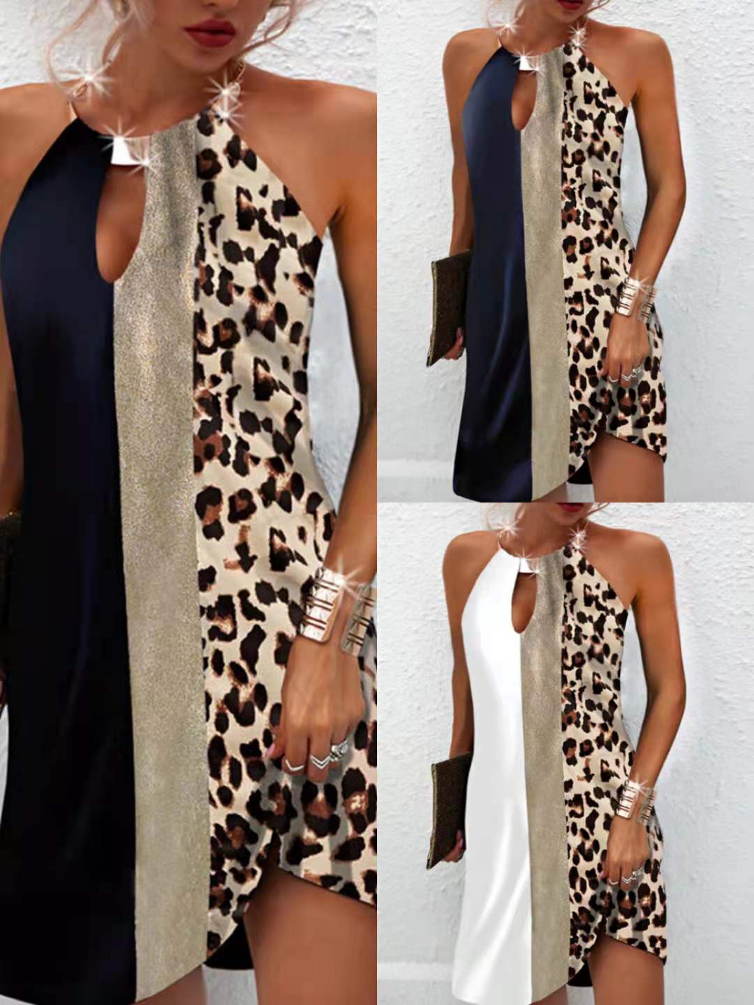 Frauen Leopard Print Zurück Metall Neckholder Kleid