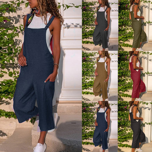 Damen lässiger Jumpsuit aus Baumwolle und Leinen mit langem breiten Bein