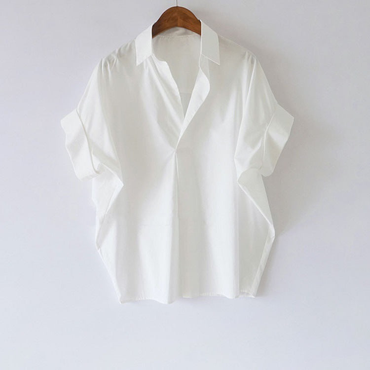 Women's Summer Cotton White Shirt Loose Batwing Sleeve Collar Shirt