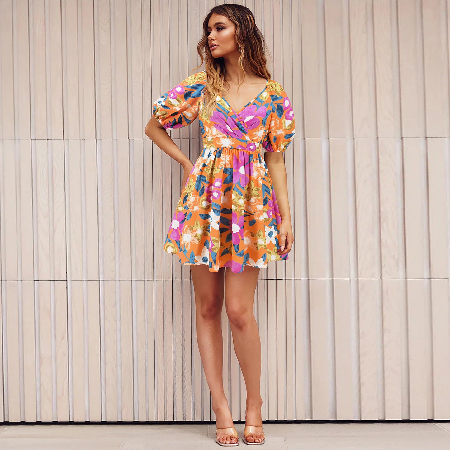 Women floral print V-neck lantern sleeve dress Y2K summer beachwear