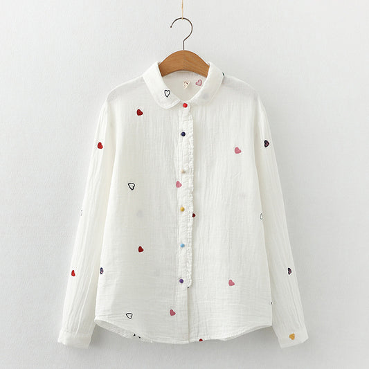 Women's Artistic Double-layer Cotton Yarn Doll Collar Printed Long-sleeved Shirt