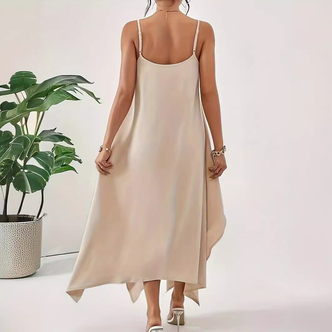 Women Fashion Solid Color Sling Backless Irregular Sleeveless Loose Dress