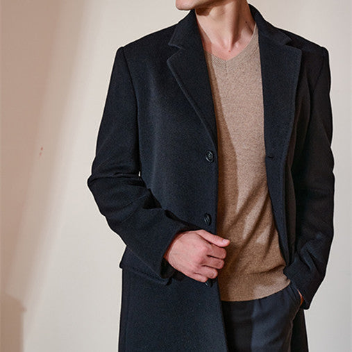 Mens's High-end Black Thickened Cashmere Coat Mid-length