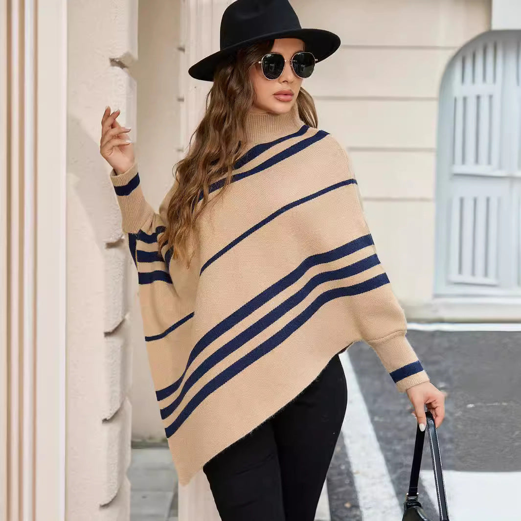 Women's Half Turtleneck Pullover Sweater Striped Batwing Sleeve Shawl