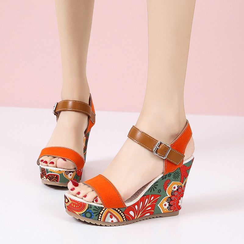 Women's sandals fashionable floral embroidered with high wedge heel for women