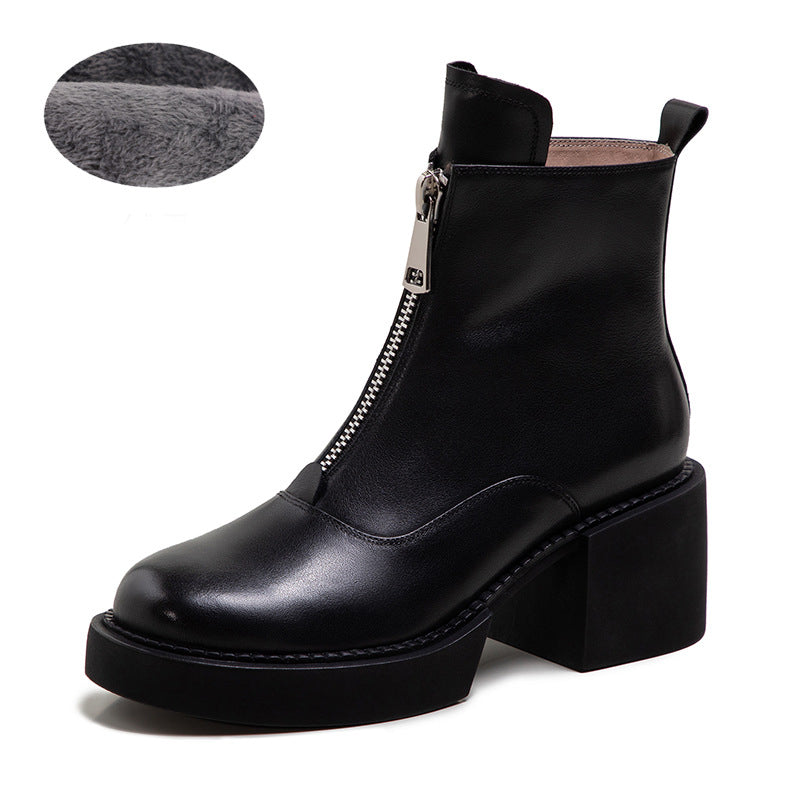 Damen-Stiefeletten aus Leder mit Plateausohle und dickem Absatz