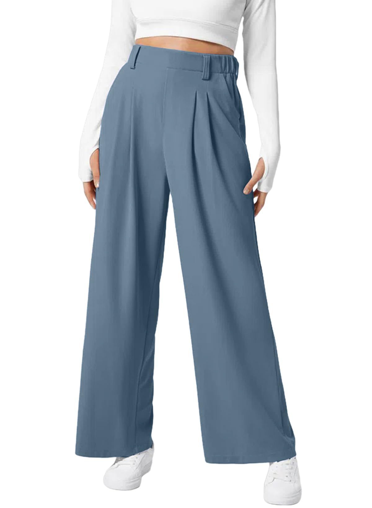 Women's wide leg pants elastic high waist waffle knit casual