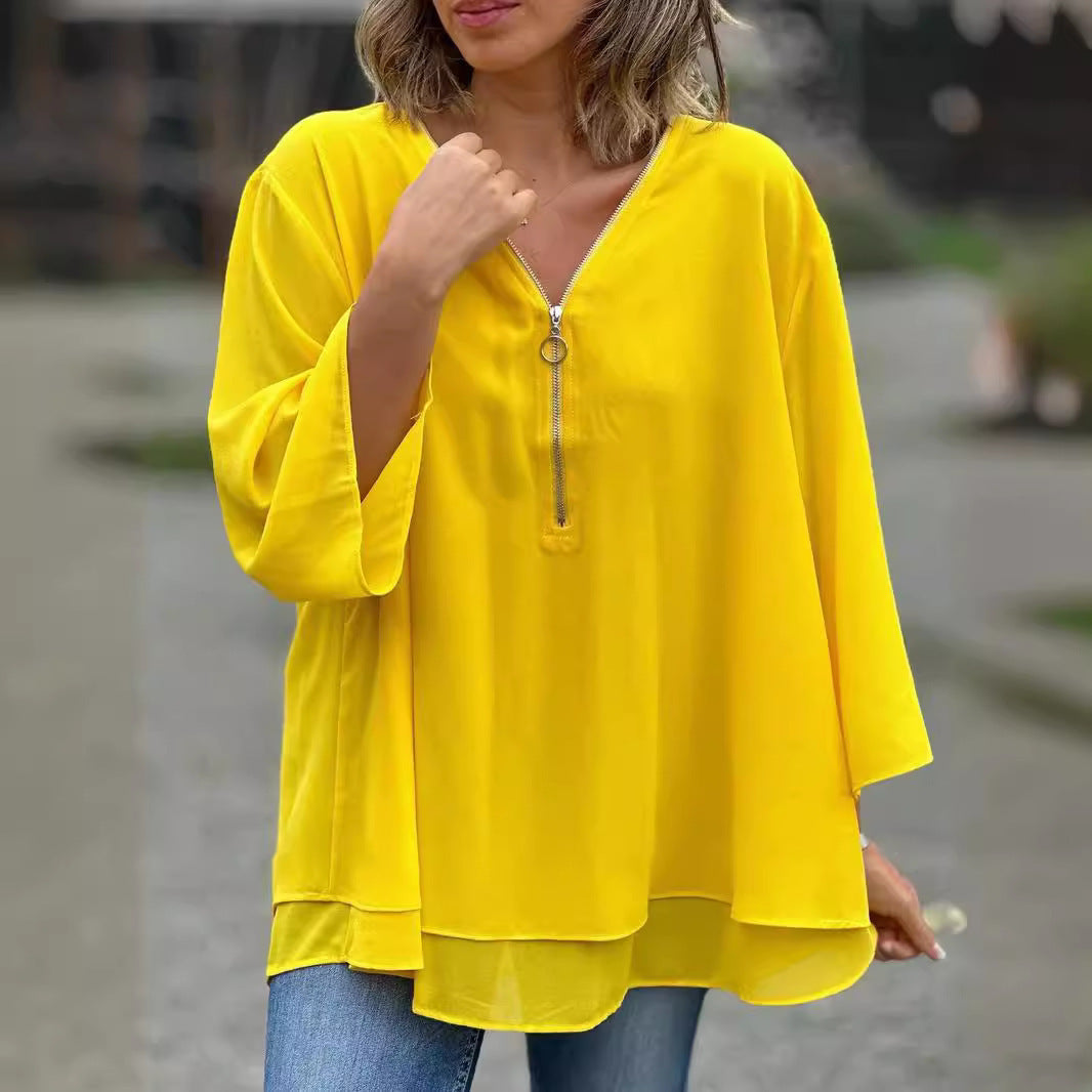 Women's V-neck 34 Sleeves Casual Chiffon Top Metal Loose Zip