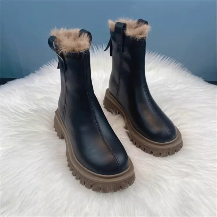 Women Fleece-lined Thick Northeast China Cotton Shoes Thick Bottom Non-slip Snow Boots Smoke Pipe Ankle Boots