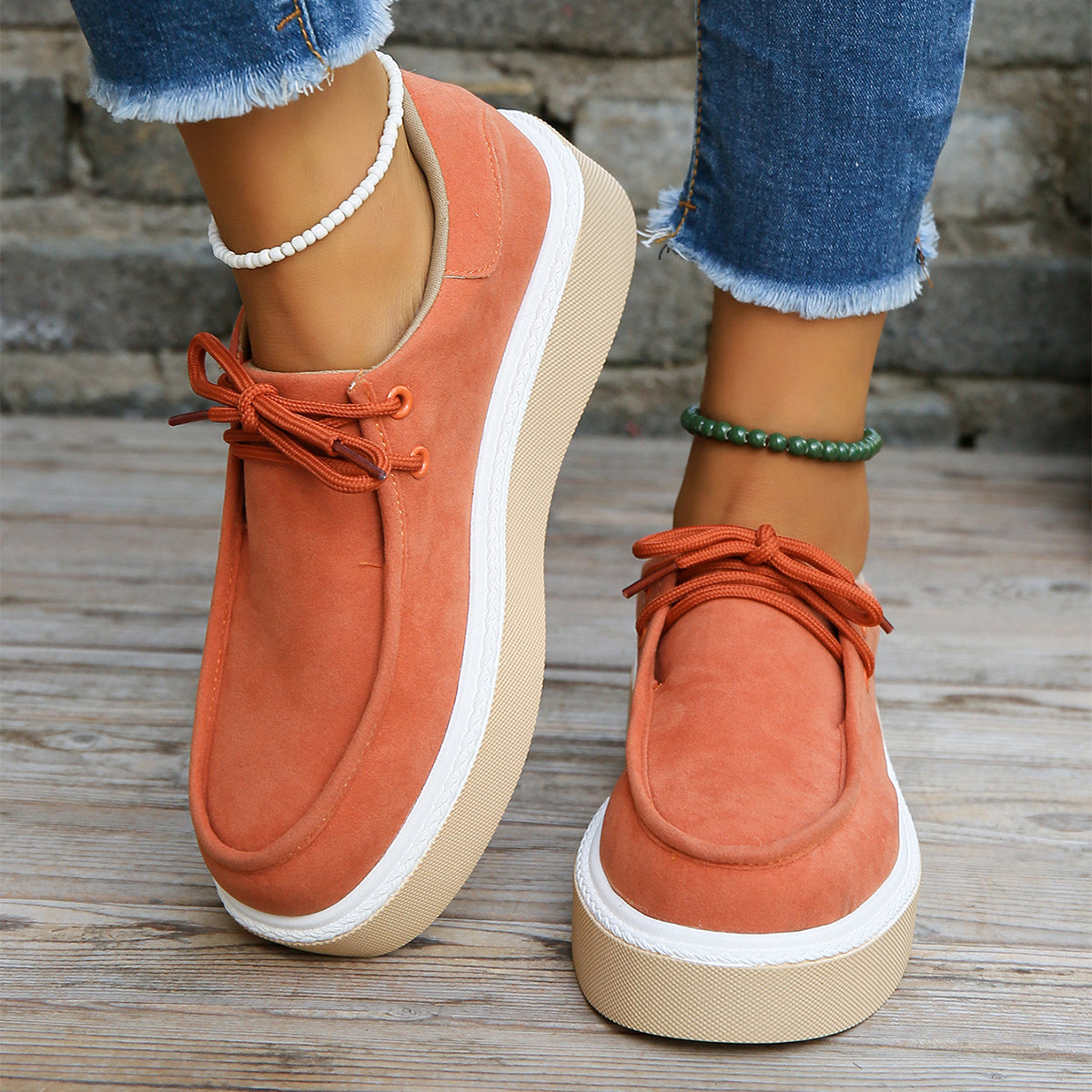 Women New Thick Bottom Lace-up Flats Women Solid Color Casual Fashion Lightweight Walking Sports Shoes