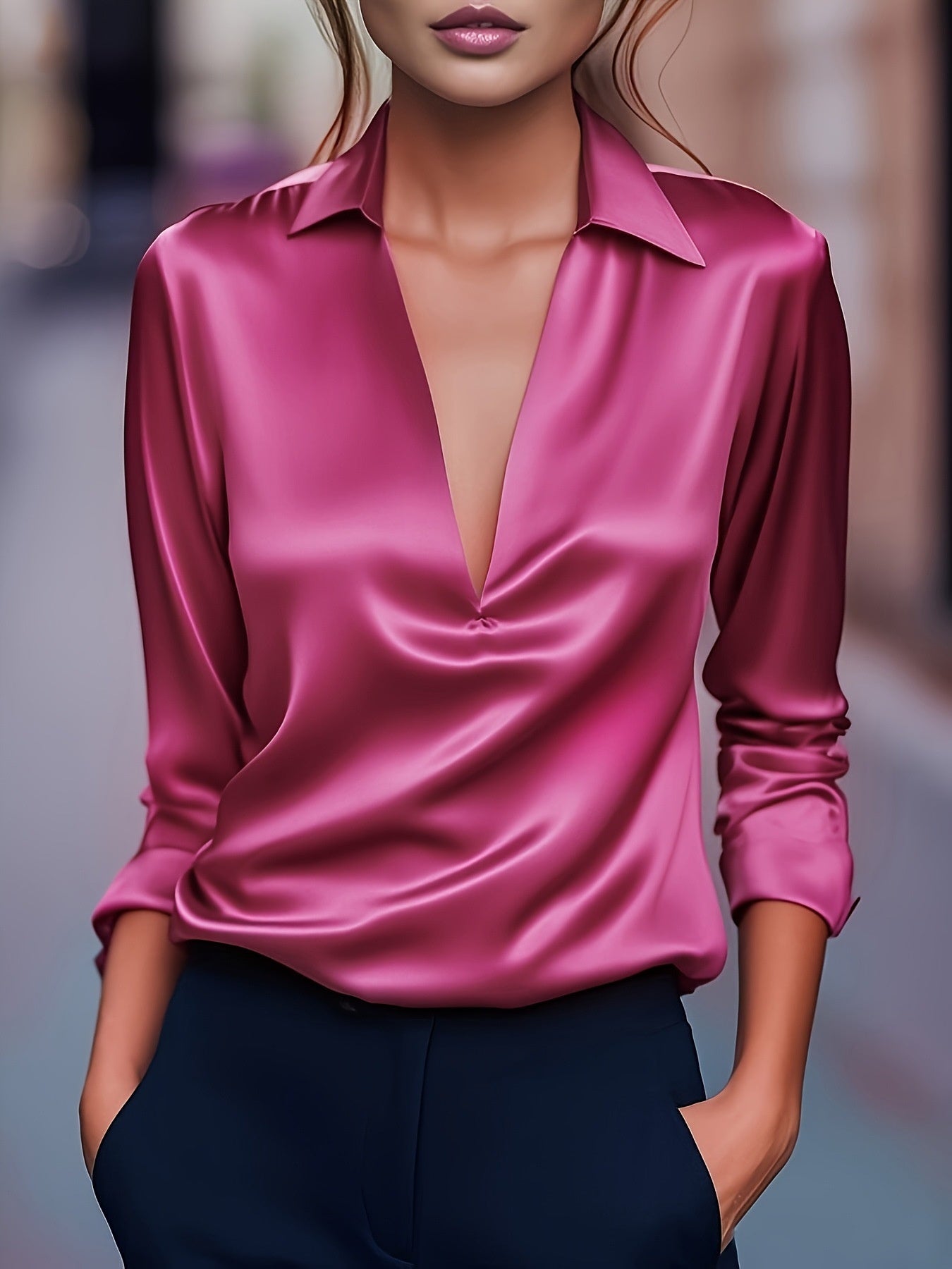 Einfarbiges, schlichtes Langarmshirt mit V-Ausschnitt