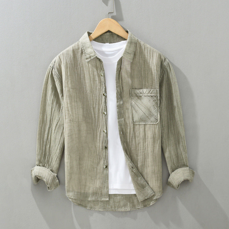 Men's Pleated Lapel Long Linen Sleeves Retro Solid Color Casual Loose Youth Cotton Linen Shirt