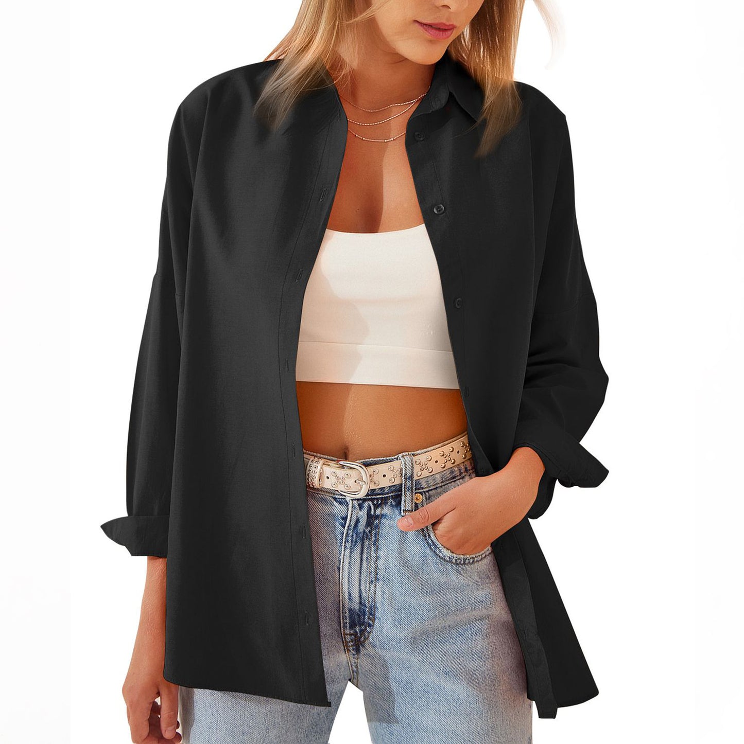 Damen-Hemdjacke, langärmelige Bluse, Button-Down-Tops, bonbonfarbenes Hemd