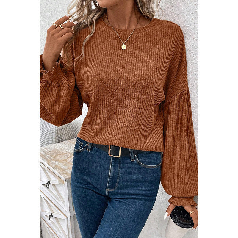 Women Solid Color Drop-shoulder Long-sleeve T-shirt Casual Loose Bottoming Shirt