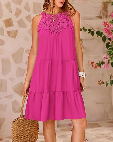 Women Summer A-Line Dress with Floral hollow lace design, Casual loose Vacation Beach Dress