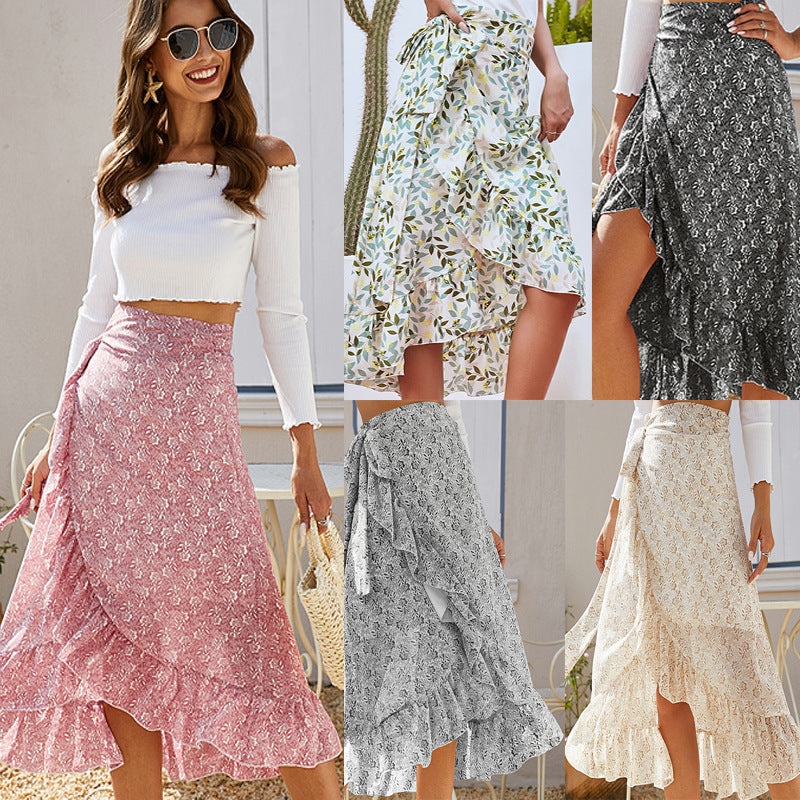 Women's Printed Lace Up Split Expansion Skirt Skirt With Lining