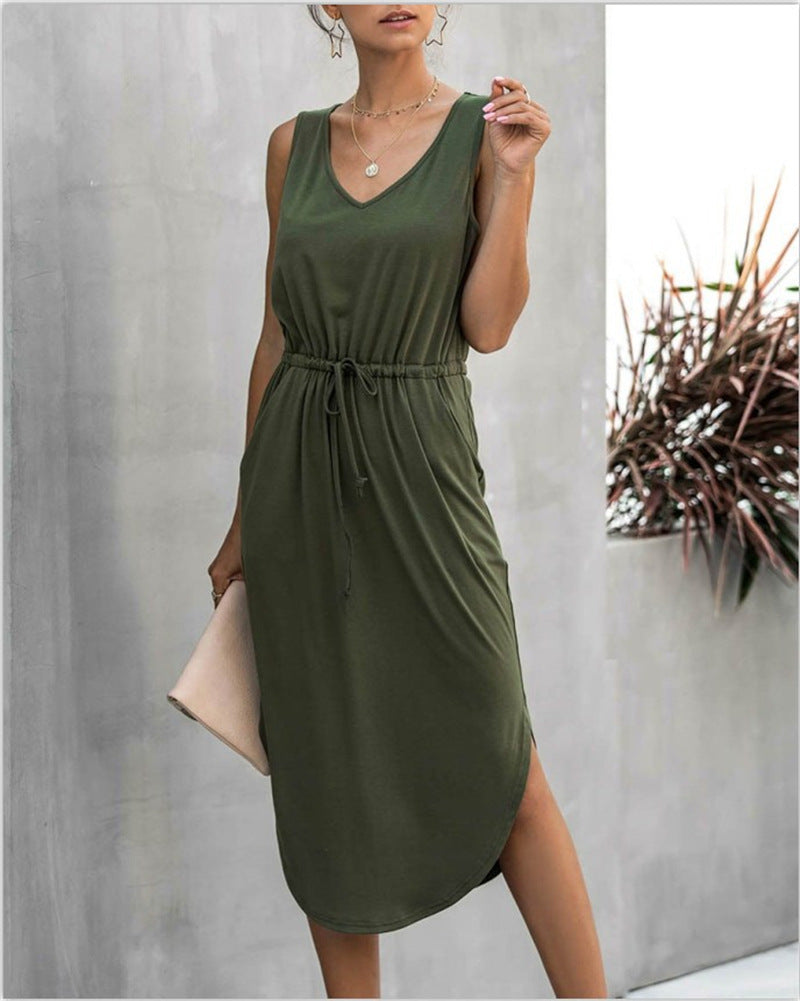 Women Irregular Cinched Round Neck Vest Dress