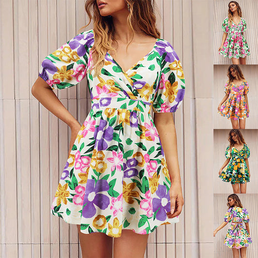 Women floral print V-neck lantern sleeve dress Y2K summer beachwear